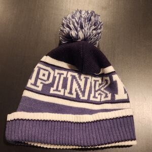PINK Victoria's Secret Purple and White Knit Pom-Pom Hat
